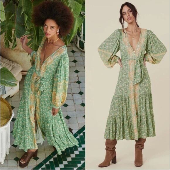 SPELL Madame Peacock Button Through Maxi Gown Emerald Green Womens XS Boho Chic - Picture 1 of 13